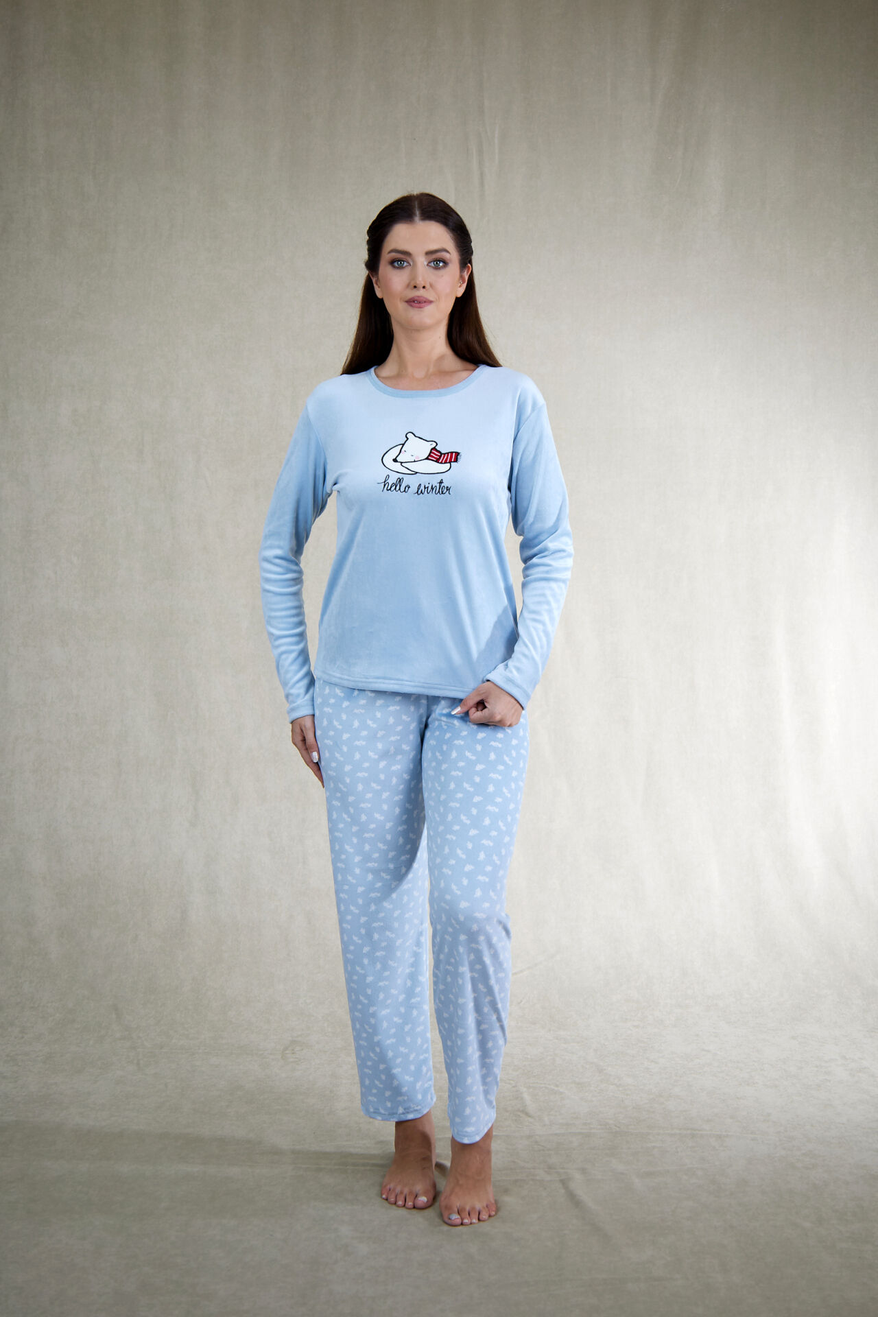 Estiva Kadın Ayıcık Desenli Mavi Kadife Pijama Takımı