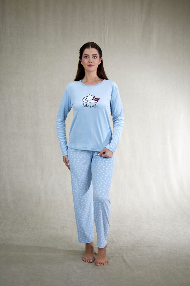 Estiva Kadın Ayıcık Desenli Mavi Kadife Pijama Takımı