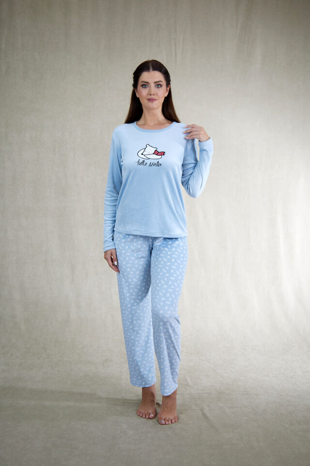 Estiva Kadın Ayıcık Desenli Mavi Kadife Pijama Takımı