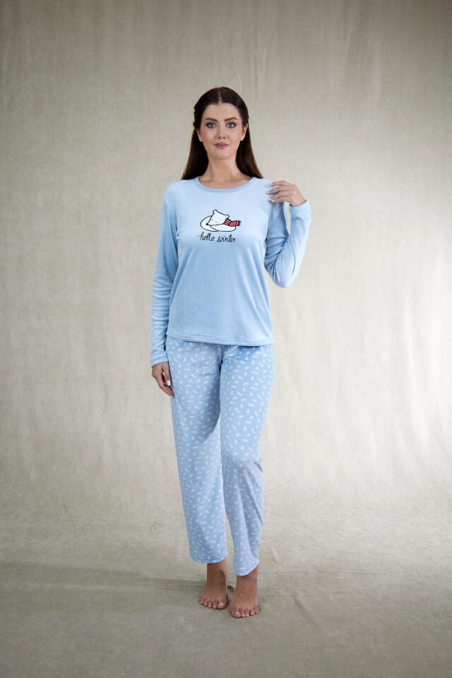Estiva Kadın Ayıcık Desenli Mavi Kadife Pijama Takımı alternatif görsel