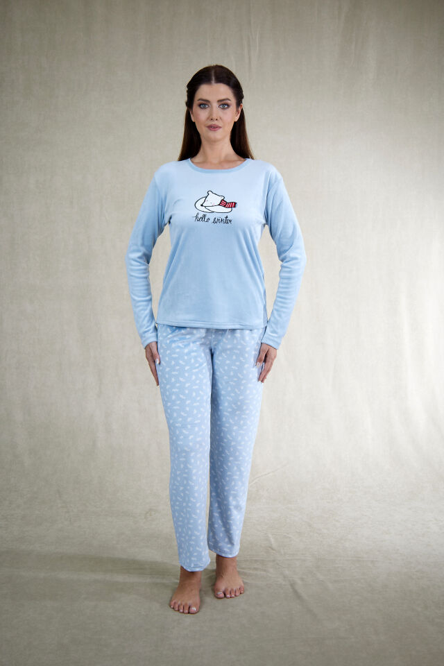 Estiva Kadın Ayıcık Desenli Mavi Kadife Pijama Takımı