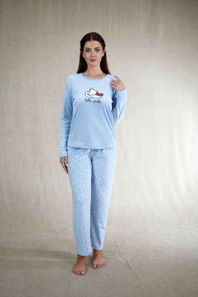 Estiva Kadın Ayıcık Desenli Mavi Kadife Pijama Takımı