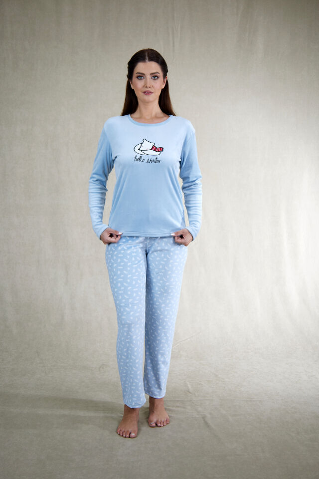 Estiva Kadın Ayıcık Desenli Mavi Kadife Pijama Takımı