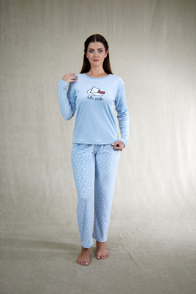 Estiva Kadın Ayıcık Desenli Mavi Kadife Pijama Takımı