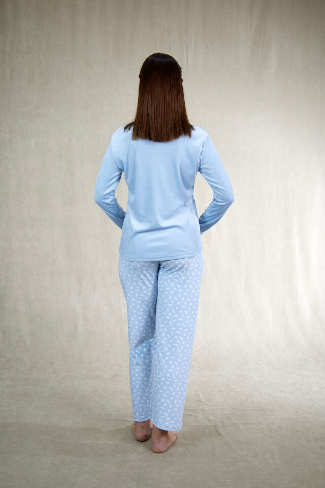 Estiva Kadın Ayıcık Desenli Mavi Kadife Pijama Takımı