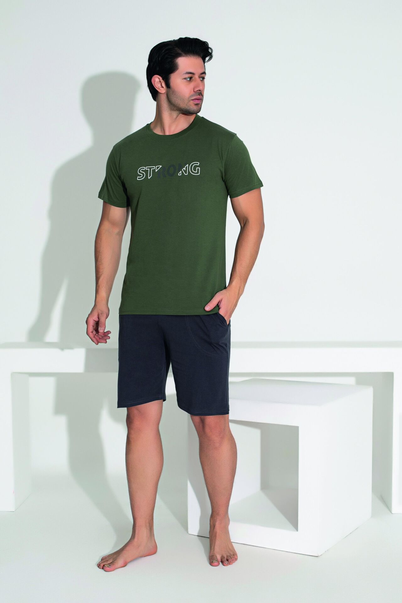 Erkek Yazlık Strong Baskılı Kısa Kollu Şortlu Penye Pijama Takımı XL - Haki