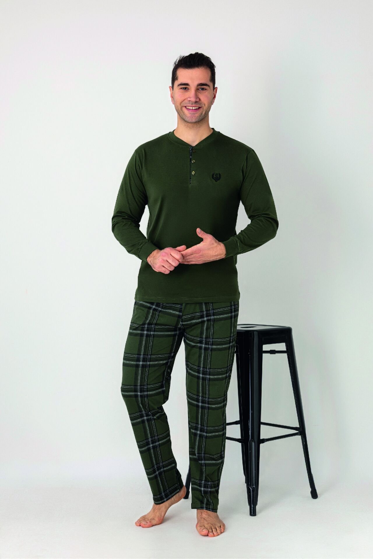 Estiva Erkek Kareli Alt Desenli Haki Uzun Kollu Patlı Penye Pijama Takımı