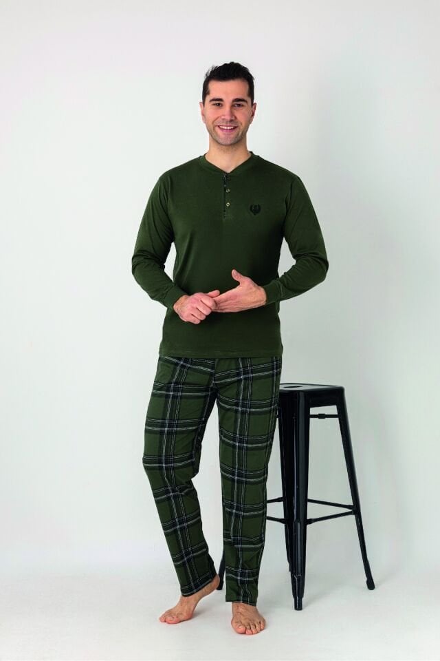 Estiva Erkek Kareli Alt Desenli Haki Uzun Kollu Patlı Penye Pijama Takımı