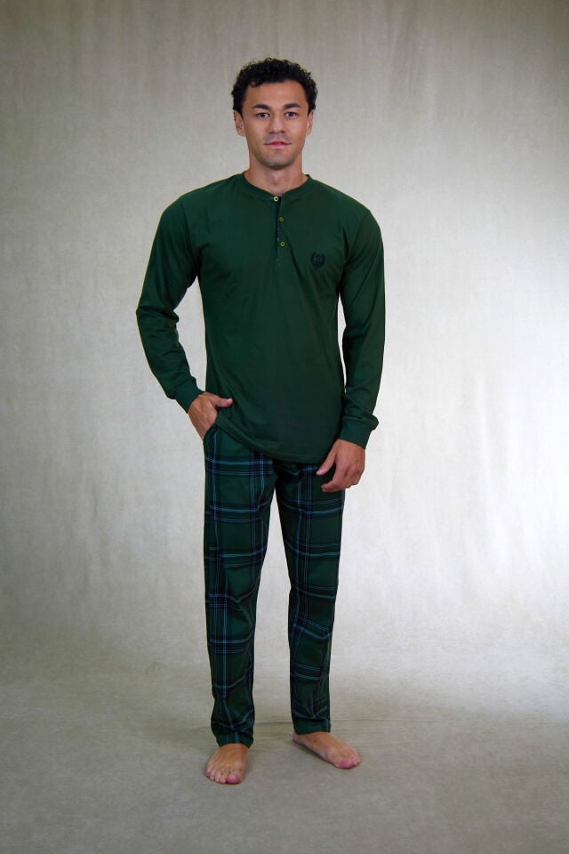 Estiva Erkek Kareli Alt Desenli Haki Uzun Kollu Patlı Penye Pijama Takımı