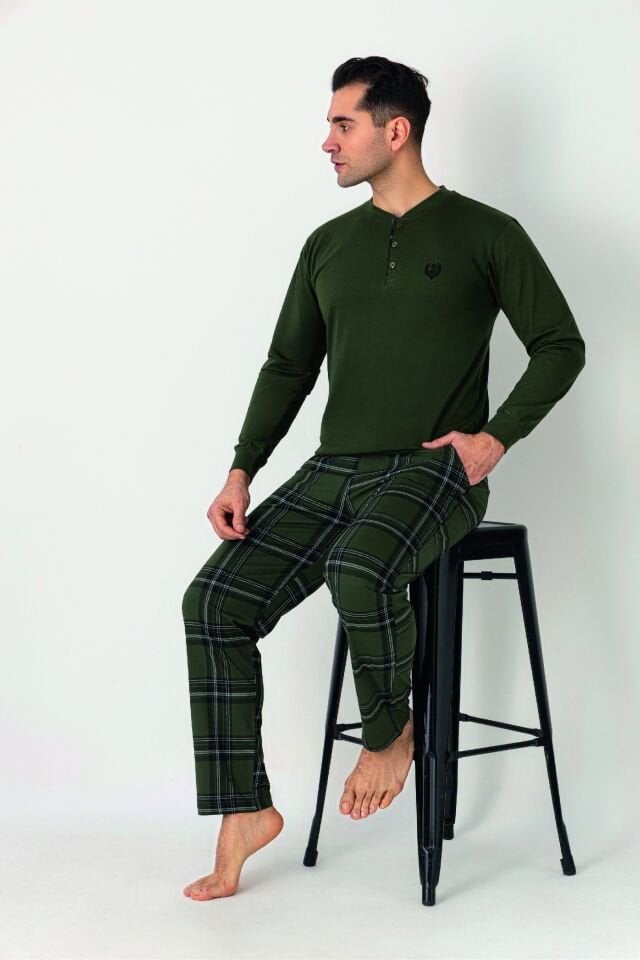 Estiva Erkek Kareli Alt Desenli Haki Uzun Kollu Patlı Penye Pijama Takımı