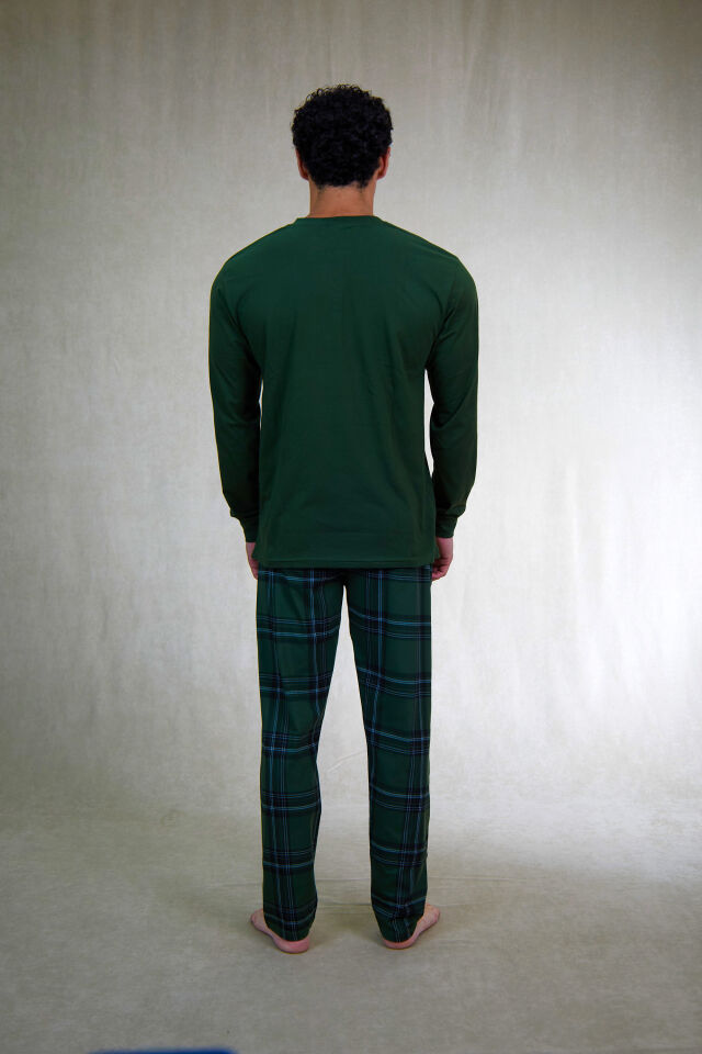 Estiva Erkek Kareli Alt Desenli Haki Uzun Kollu Patlı Penye Pijama Takımı
