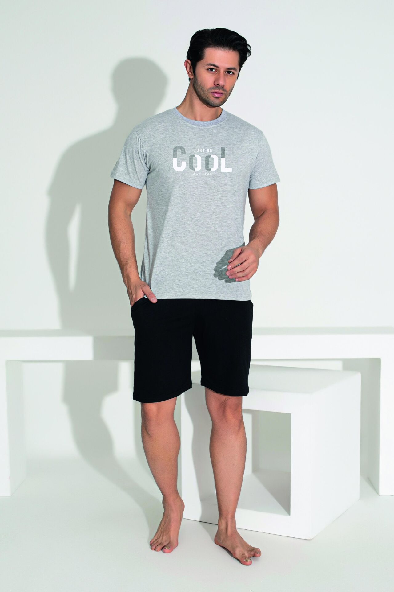 Erkek Yazlık Cool Baskılı Kısa Kollu Şortlu Penye Pijama Takımı XL - Gri