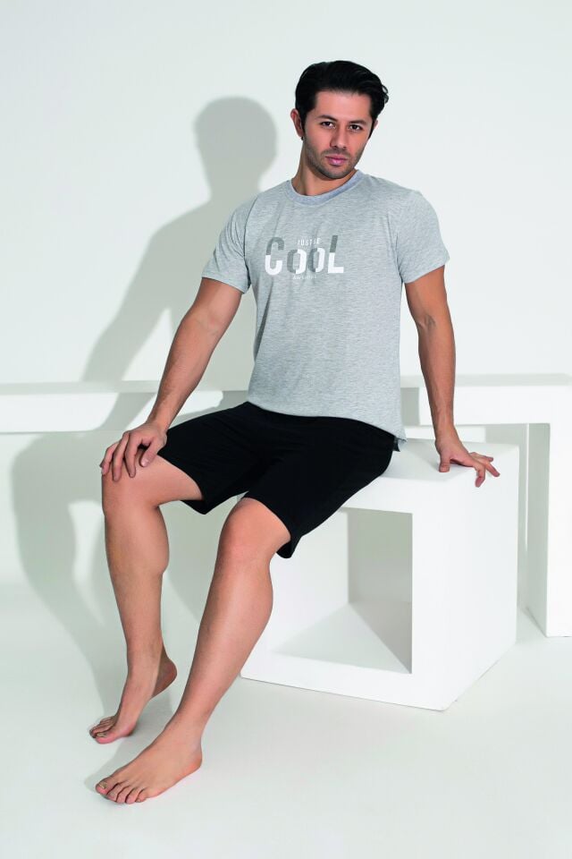 Erkek Yazlık Cool Baskılı Kısa Kollu Şortlu Penye Pijama Takımı XL - Gri
