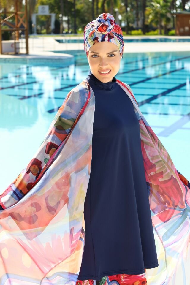 Estiva Aura Desenli Kaftanlı Tam Kapalı Tesettür Mayo Lacivert