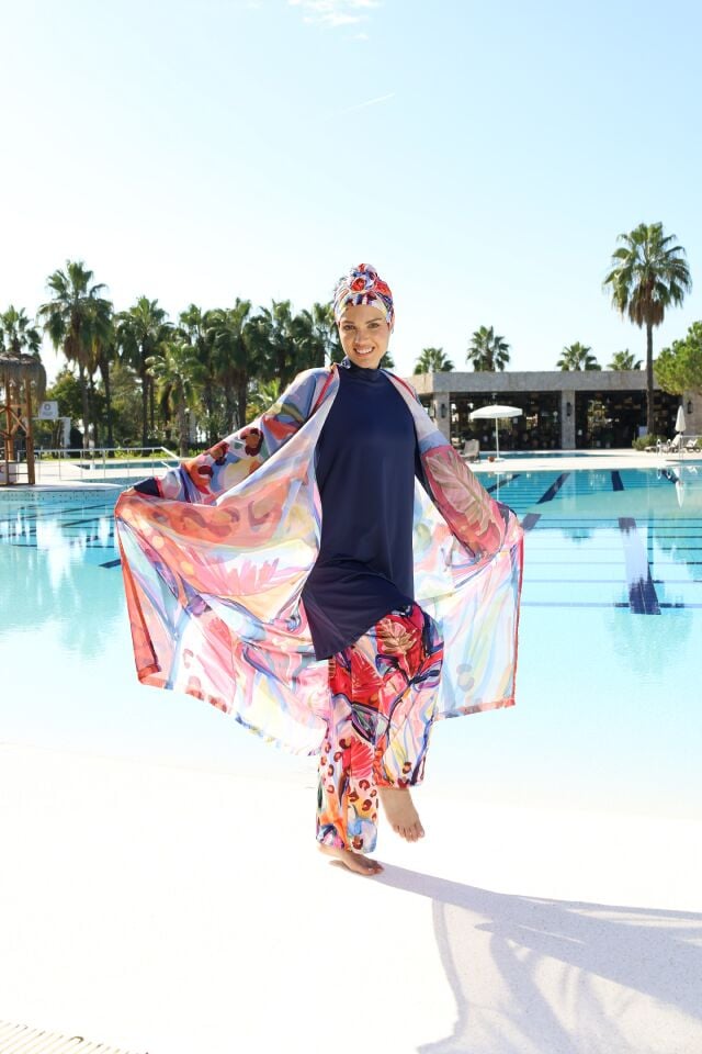 Estiva Aura Desenli Kaftanlı Tam Kapalı Tesettür Mayo Lacivert