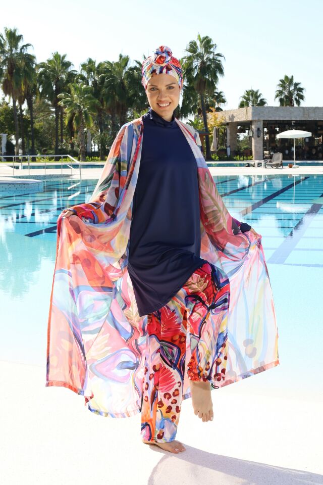 Estiva Aura Desenli Kaftanlı Tam Kapalı Tesettür Mayo Lacivert