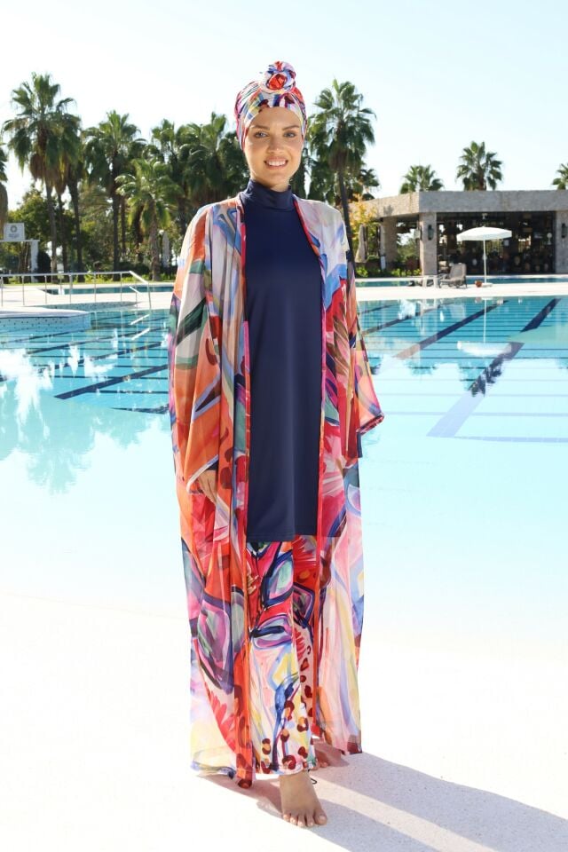 Estiva Aura Desenli Kaftanlı Tam Kapalı Tesettür Mayo Lacivert