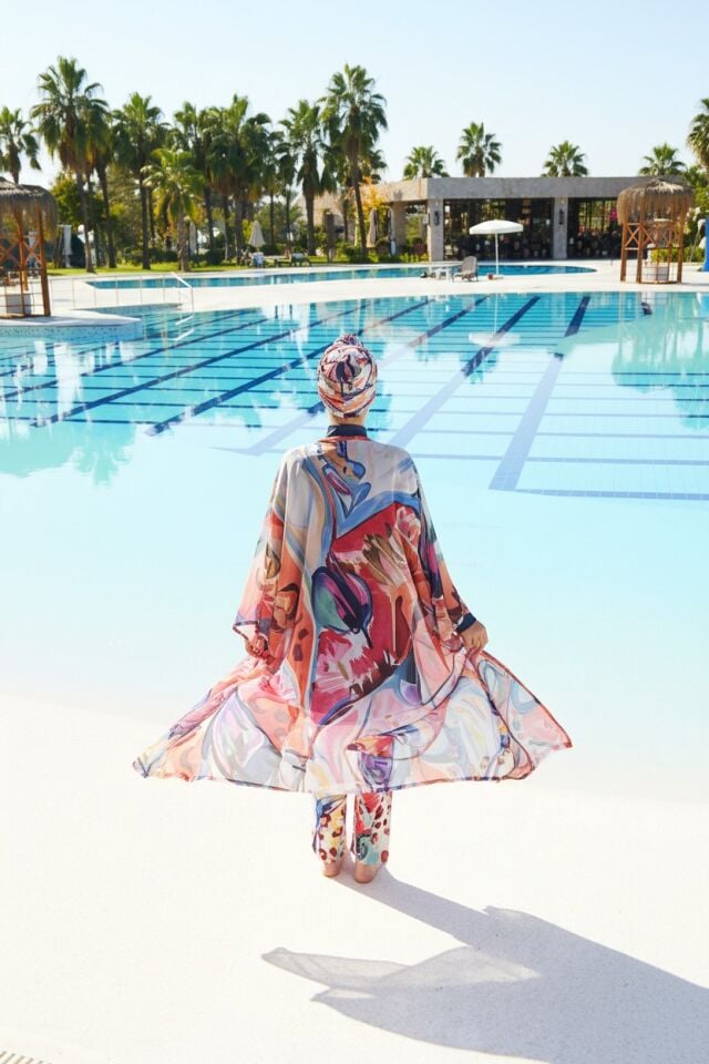 Estiva Aura Desenli Kaftanlı Tam Kapalı Tesettür Mayo Lacivert