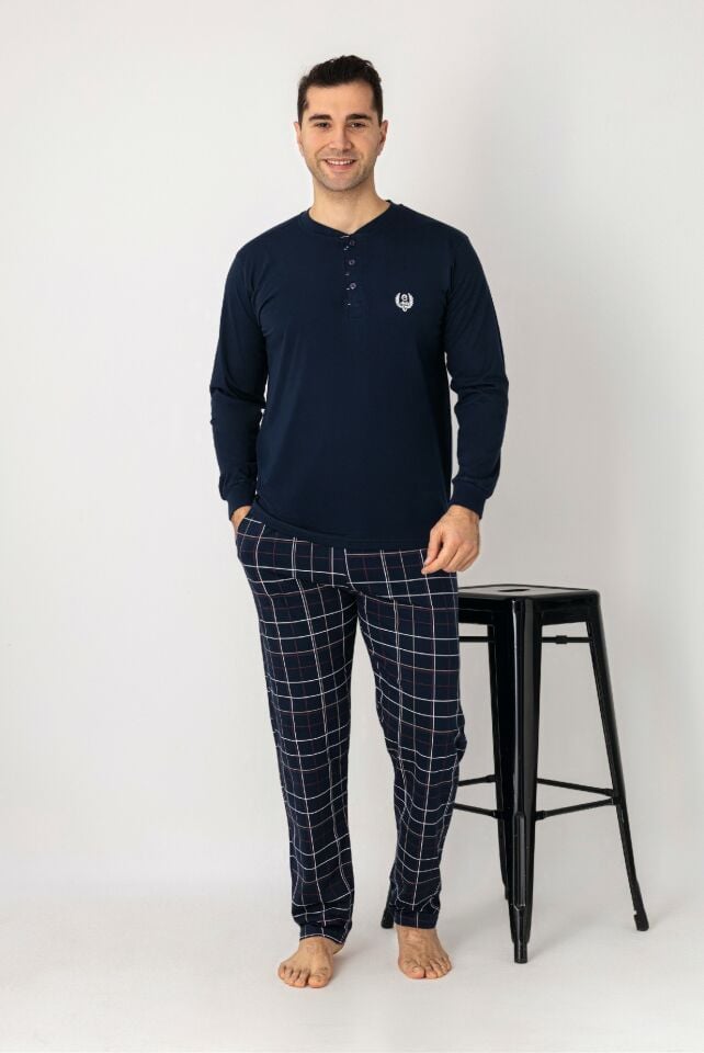 Estiva Erkek Kareli Alt Desenli Lacivert Uzun Kollu Patlı Penye Pijama Takımı