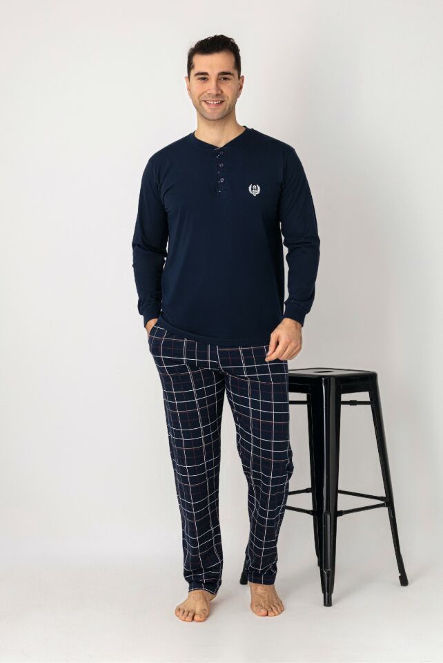 Estiva Erkek Kareli Alt Desenli Lacivert Uzun Kollu Patlı Penye Pijama Takımı