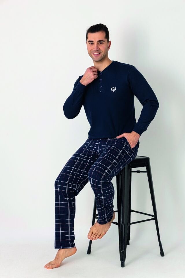 Estiva Erkek Kareli Alt Desenli Lacivert Uzun Kollu Patlı Penye Pijama Takımı
