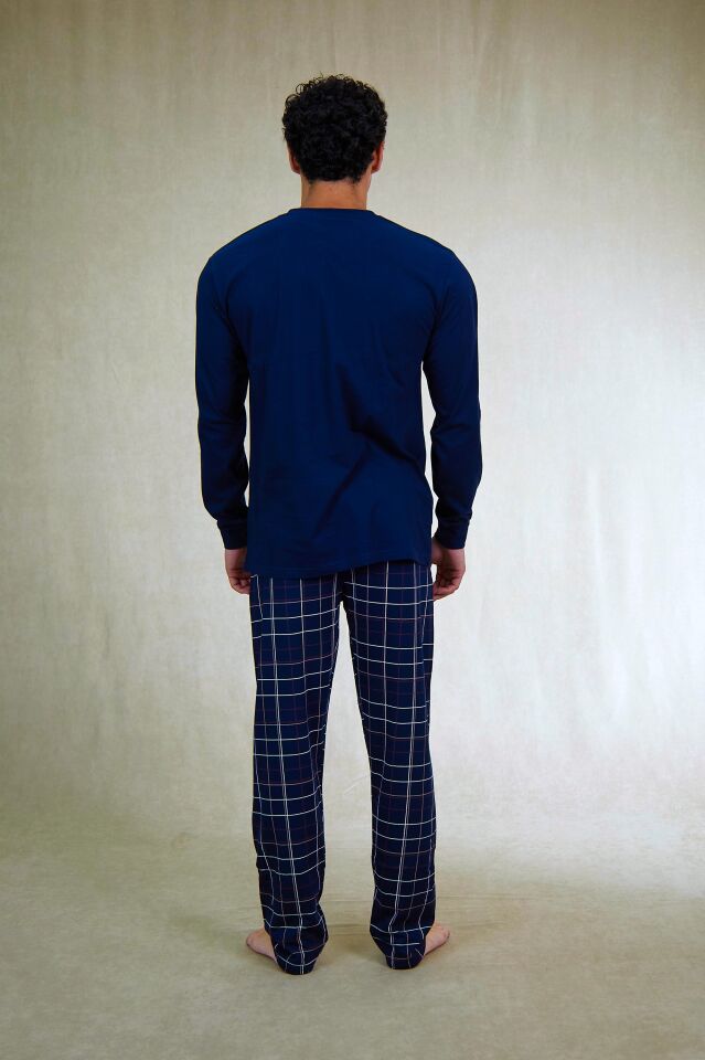 Estiva Erkek Kareli Alt Desenli Lacivert Uzun Kollu Patlı Penye Pijama Takımı