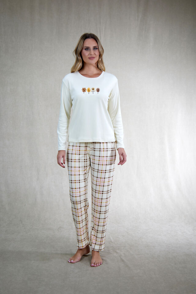 Estiva Kadın Kareli Krem Rengi Kadife Pijama Takımı alternatif görsel