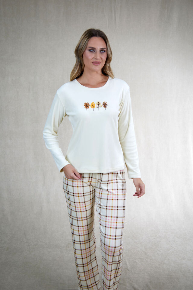 Estiva Kadın Kareli Krem Rengi Kadife Pijama Takımı