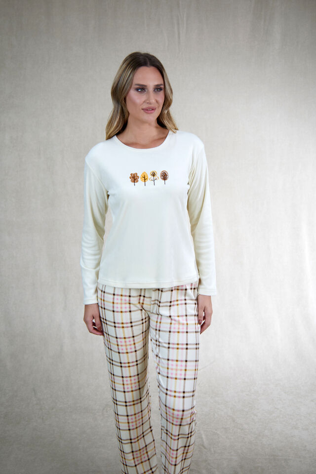Estiva Kadın Kareli Krem Rengi Kadife Pijama Takımı