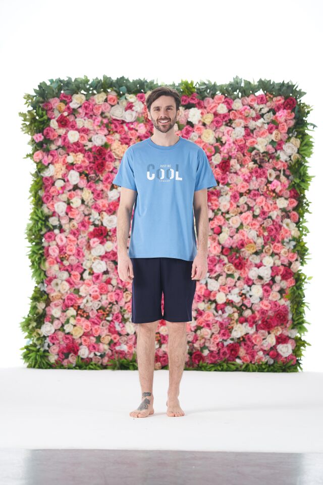 Erkek Yazlık Cool Baskılı Kısa Kollu Şortlu Penye Pijama Takımı M - Mavi