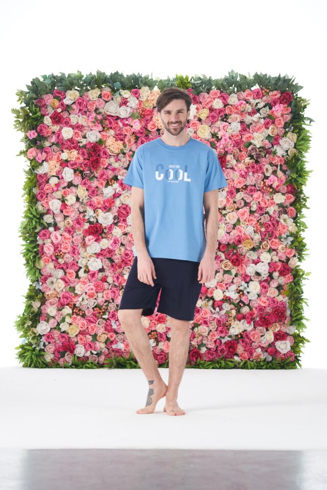 Erkek Yazlık Cool Baskılı Kısa Kollu Şortlu Penye Pijama Takımı M - Mavi