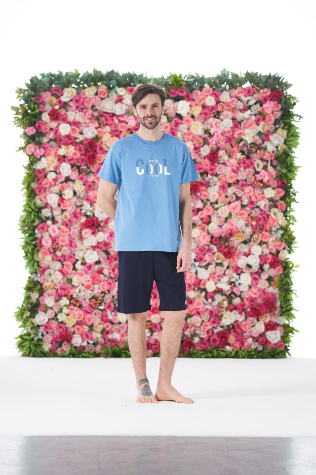 Erkek Yazlık Cool Baskılı Kısa Kollu Şortlu Penye Pijama Takımı M - Mavi