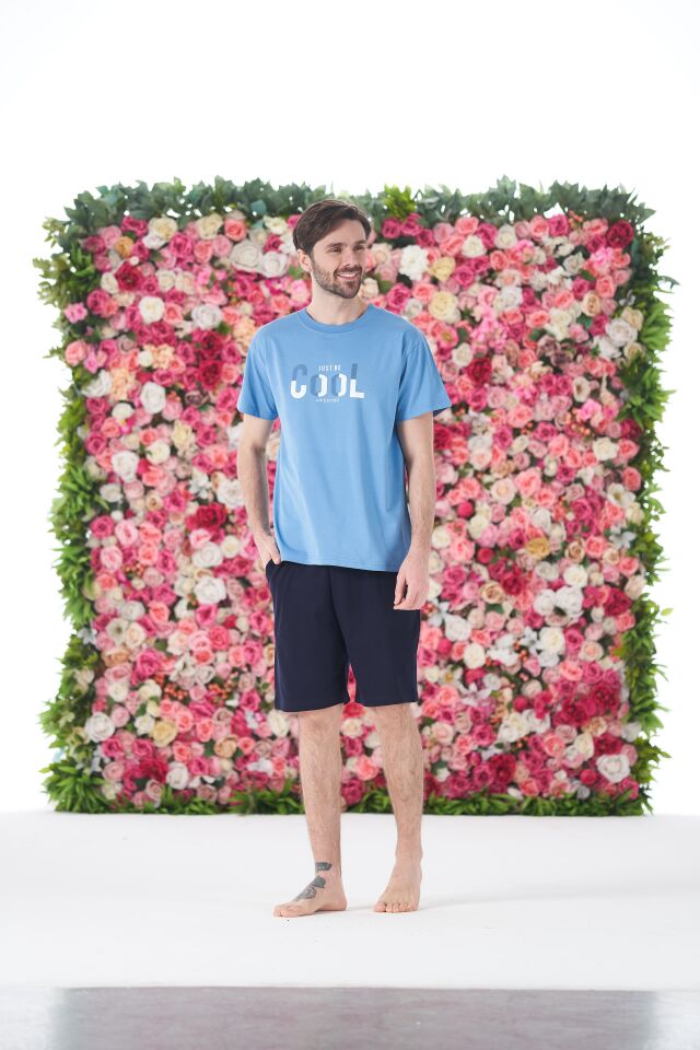 Erkek Yazlık Cool Baskılı Kısa Kollu Şortlu Penye Pijama Takımı M - Mavi