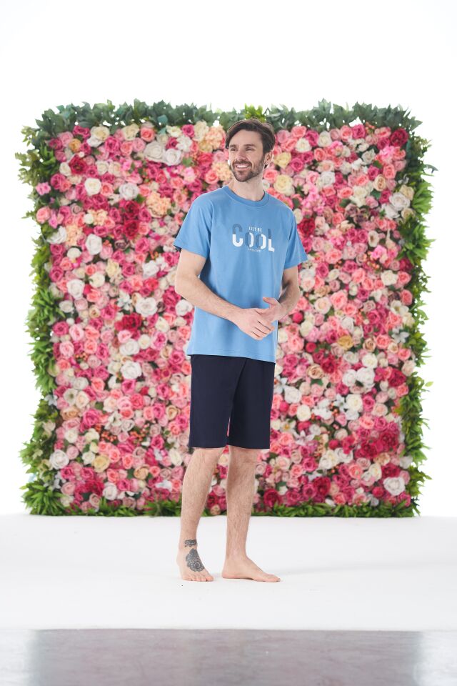 Erkek Yazlık Cool Baskılı Kısa Kollu Şortlu Penye Pijama Takımı L - Mavi