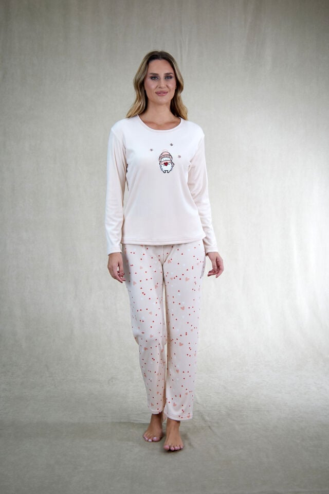 Estiva Kadın Penguen Desenli Pudra Pembe Kadife Pijama Takımı