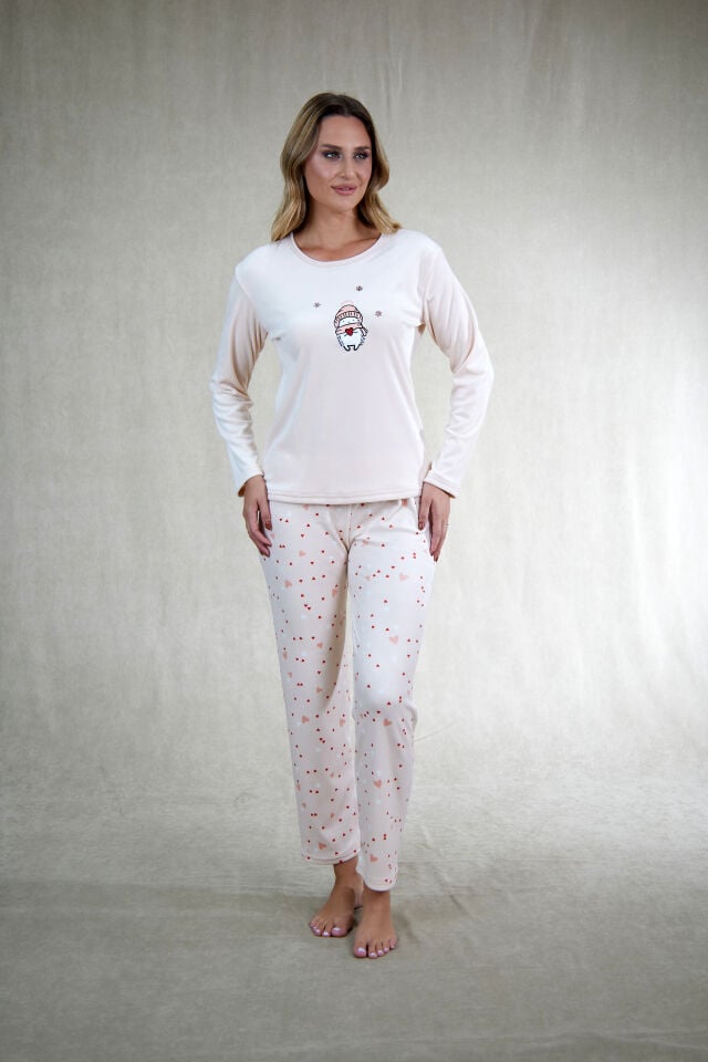 Estiva Kadın Penguen Desenli Pudra Pembe Kadife Pijama Takımı alternatif görsel