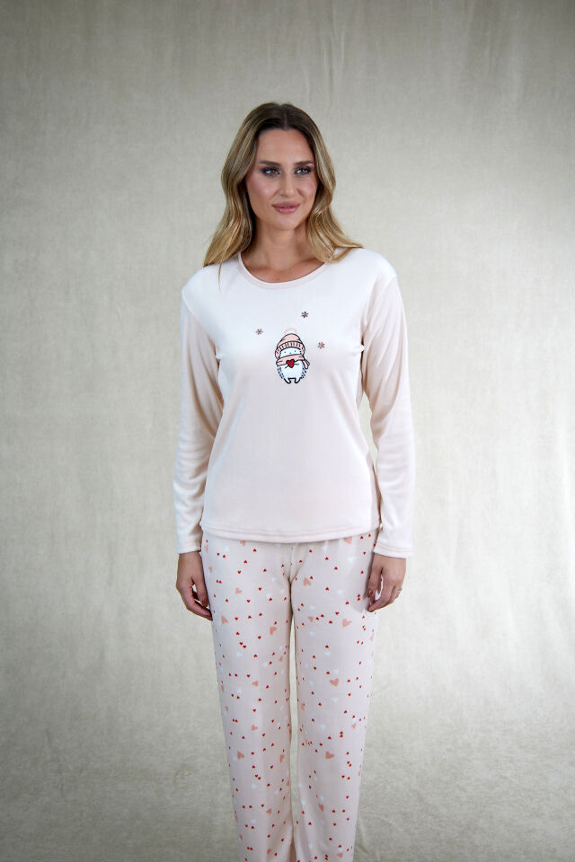 Estiva Kadın Penguen Desenli Pudra Pembe Kadife Pijama Takımı