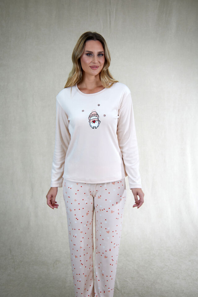 Estiva Kadın Penguen Desenli Pudra Pembe Kadife Pijama Takımı