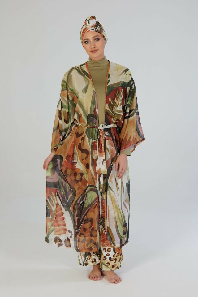 Estiva Terra Desenli Kaftanlı Tam Kapalı Tesettür Mayo Haki