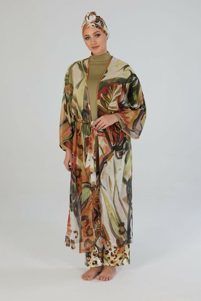 Estiva Terra Desenli Kaftanlı Tam Kapalı Tesettür Mayo Haki