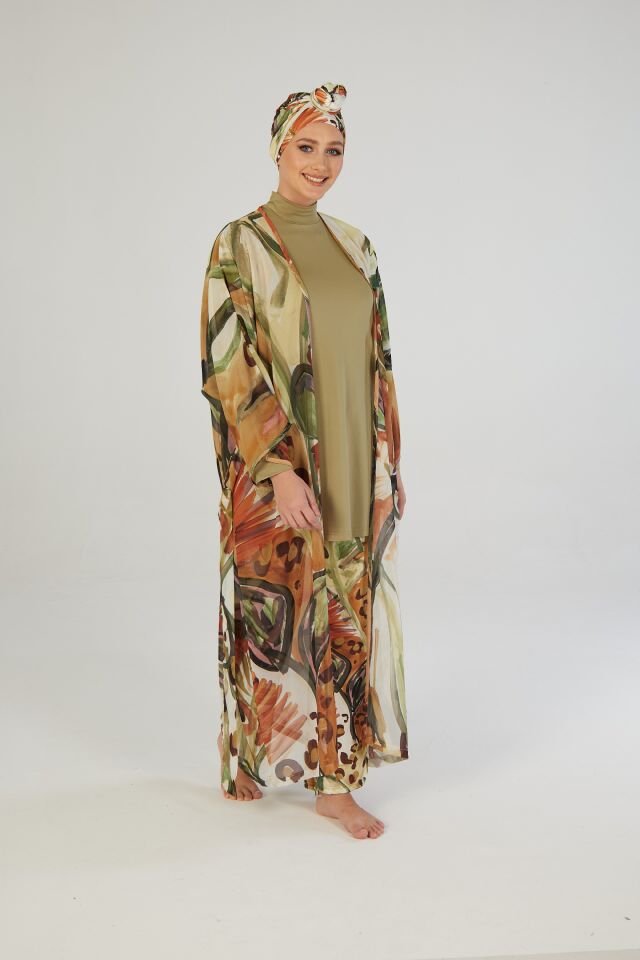 Estiva Terra Desenli Kaftanlı Tam Kapalı Tesettür Mayo Haki