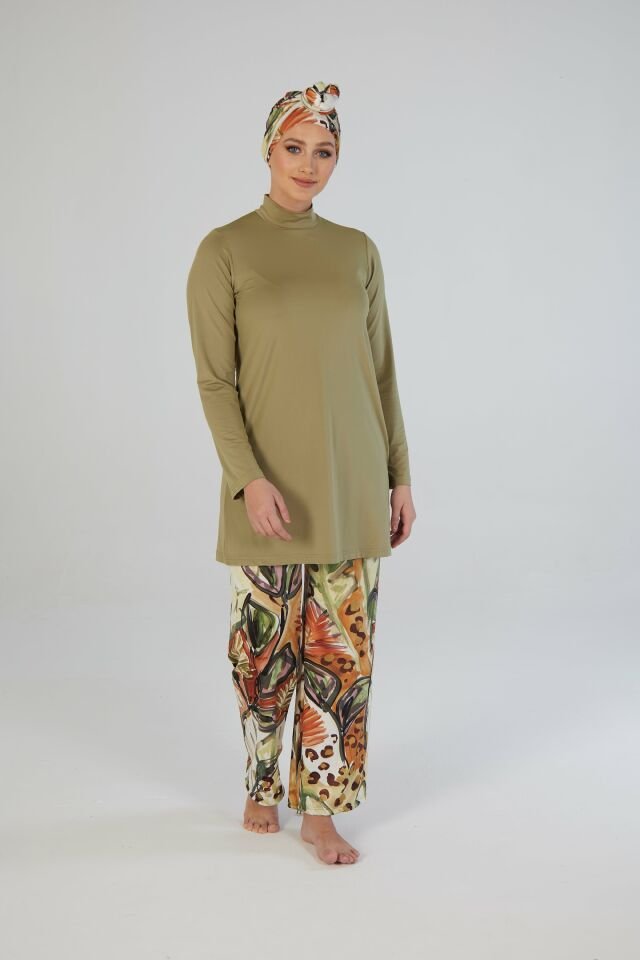 Estiva Terra Desenli Kaftanlı Tam Kapalı Tesettür Mayo Haki