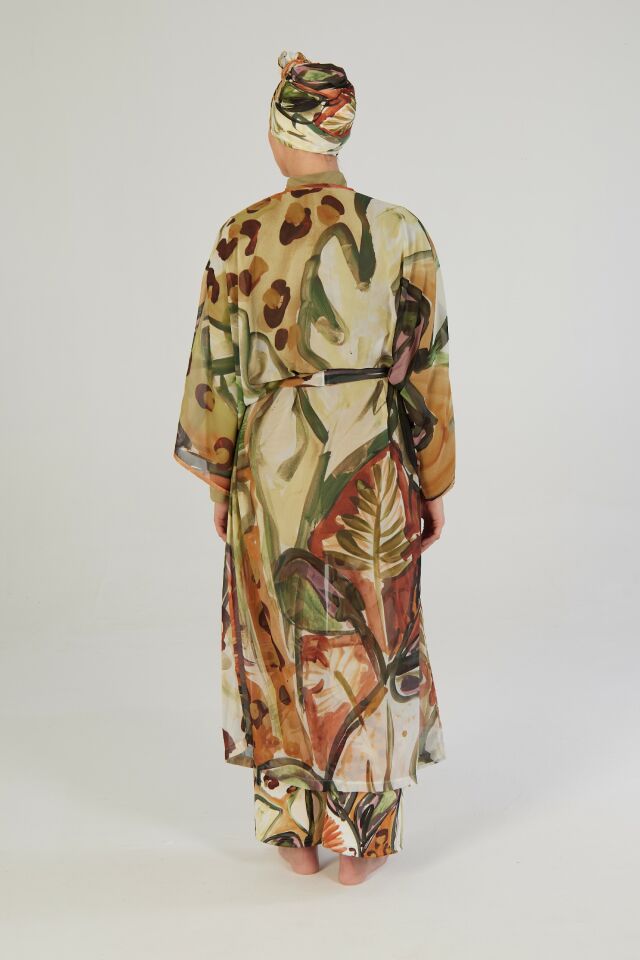 Estiva Terra Desenli Kaftanlı Tam Kapalı Tesettür Mayo Haki