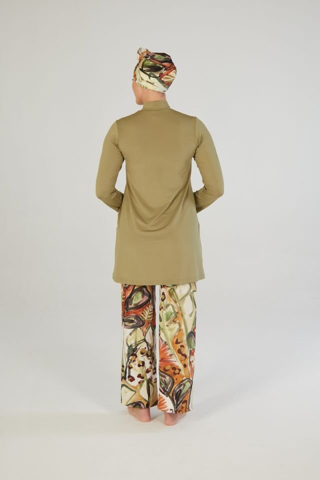 Estiva Terra Desenli Kaftanlı Tam Kapalı Tesettür Mayo Haki