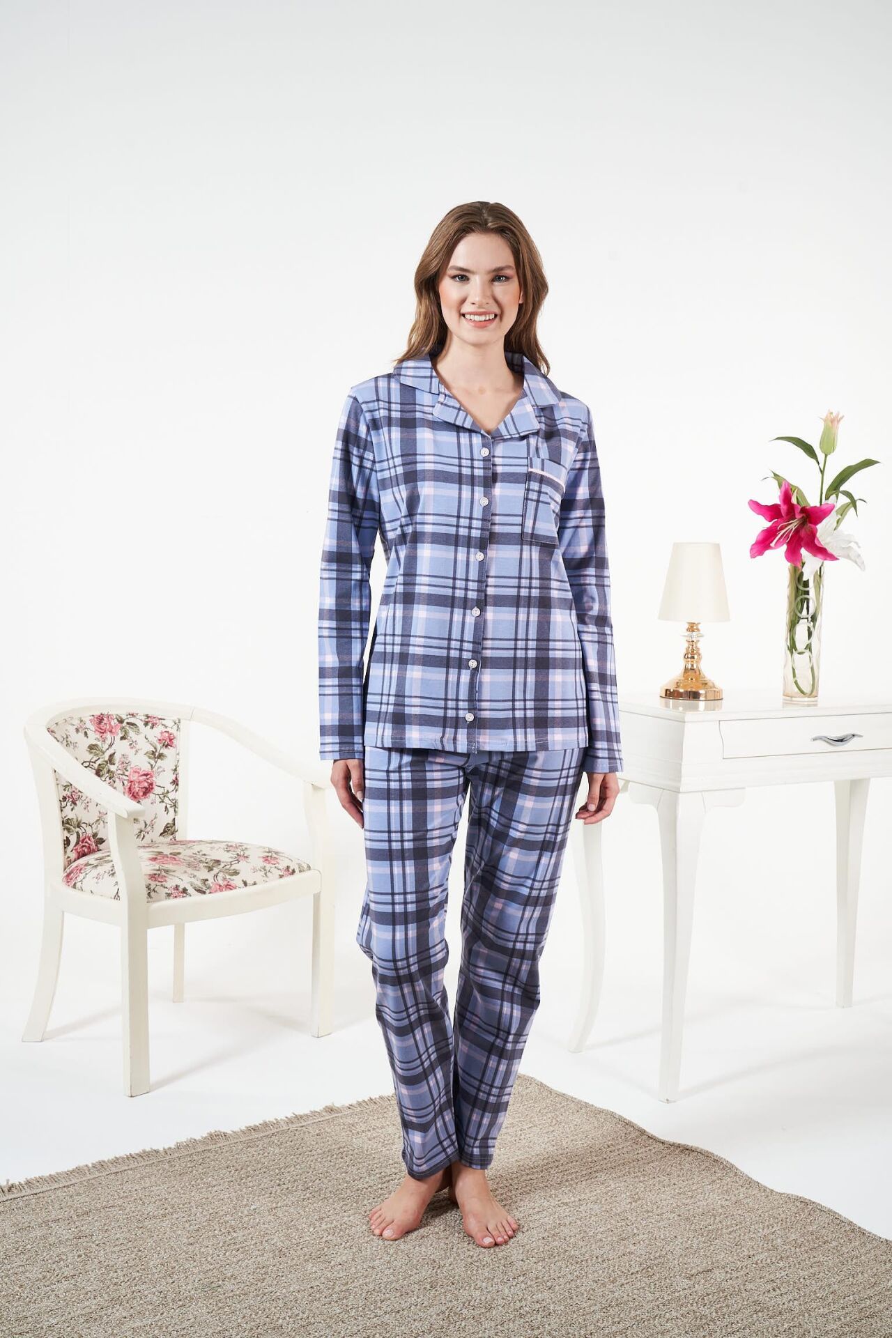 Kadın Kışlık Önden Düğmeli Kareli Penye Lycra Pijama Takımı Mavi