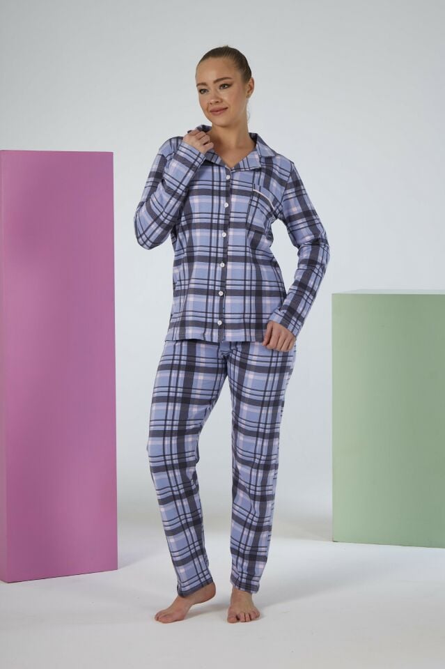 Kadın Kışlık Önden Düğmeli Kareli Penye Lycra Pijama Takımı Mavi