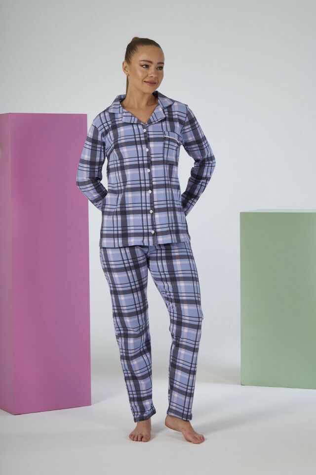 Kadın Kışlık Önden Düğmeli Kareli Penye Lycra Pijama Takımı Mavi