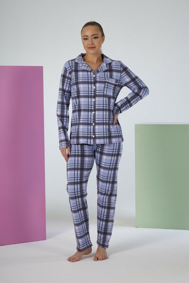 Kadın Kışlık Önden Düğmeli Kareli Penye Lycra Pijama Takımı Mavi
