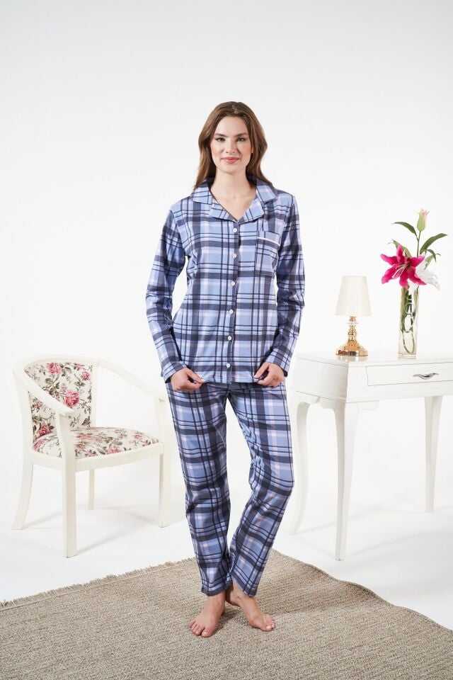 Kadın Kışlık Önden Düğmeli Kareli Penye Lycra Pijama Takımı Mavi