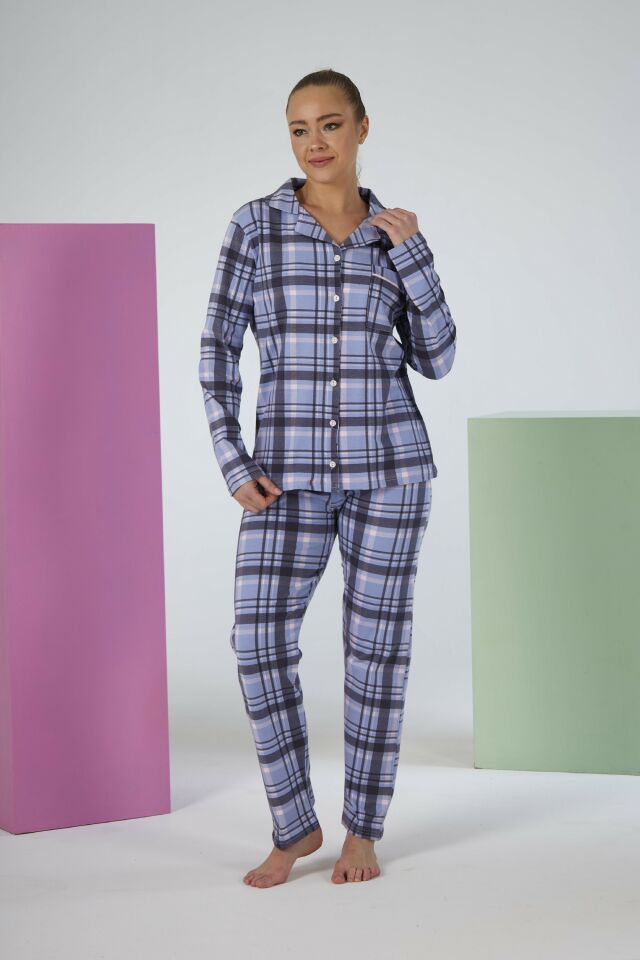 Kadın Kışlık Önden Düğmeli Kareli Penye Lycra Pijama Takımı Mavi